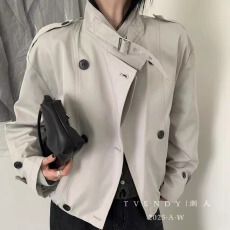 批发<b class='q'>韩国</b>卡其短<b class='q'>风衣</b>2025秋新款 英伦风立领皮扣双排扣大衣外套