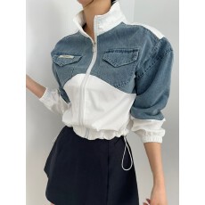 批发大量 2024新品 韩国chic 复古拼接撞色长袖牛仔<b class='q'>夹克</b>风衣外套