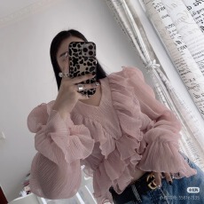 批发2026韩国新款超仙荷叶边V领<b class='q'>雪纺</b>小衫