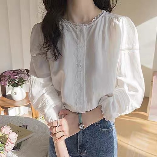26 봄 한국 정통 구매 leelin 숲속 소녀 소금 부서 소녀 레이스 레이스 칼라 긴팔 여성 셔츠