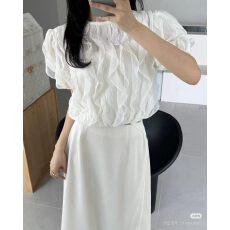 批发韩国2026 圆领软蕾丝拼接上衣女衬衫短袖重工木耳花边上衣