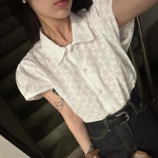 批发韩国夏日新款chic 时尚镂空 纯棉 勾花刺绣短袖衬衫女