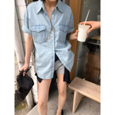批发已入库 东大门休闲宽松口袋牛仔短袖衬衫