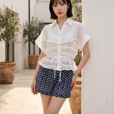 批发2026<b class='q'>韩国</b>东大门夏季女装新款翻领拼接多层木耳边系带短袖衬衫蕾丝