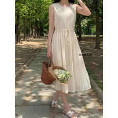 批发2026新款春季女装夏季简约高级感雪纺抽绳糖果色百褶无袖<b class='q'>连衣裙</b>子