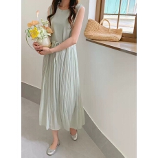 批发2026新款春季女装夏季简约高级感雪纺抽绳糖果色百褶无袖<b class='q'>连衣裙</b>子
