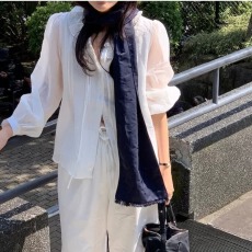 批发<b class='q'>韩国</b>代购甜美荷叶边系带蝴蝶结圆领薄款白色衬衫