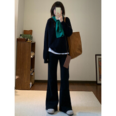 美式复古黑色微喇女秋冬季新款加厚高腰修身显瘦百搭喇叭裤子