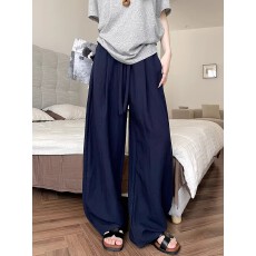 批发藏青色棉麻弯刀裤<b class='q'>女</b>春夏高腰显瘦垂感休闲裤哈伦慵懒风亚麻阔腿<b class='q'>裤</b>