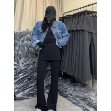 批发秋冬新款假两件带屁帘微喇叭裤<b class='q'>女</b>百搭宽松显瘦小个子直筒喇叭裤子