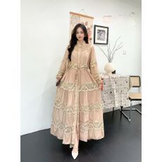 批发法式复古宫廷风蕾丝拼接立领喇叭袖连衣裙女名媛收腰显瘦大摆长裙