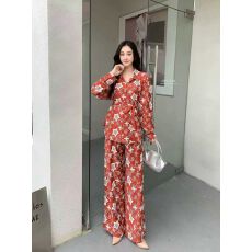 批发轻熟风时尚套装女秋季高级感绑带收腰长袖印花衬衫高腰阔腿<b class='q'>直筒</b>裤