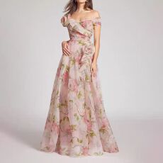 批发高端轻奢超仙<b class='q'>小礼服</b>立体装饰v领荷叶边甜美印花度假风<b class='q'>连衣裙</b>长裙