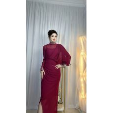 批发名媛高级感重工镶钻钉珠半高领连衣裙女轻奢褶皱收腰优雅开叉<b class='q'>长裙</b>