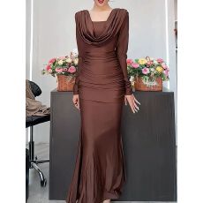 批发法式时髦气质高级感优雅个性独特长裙褶皱连衣裙女