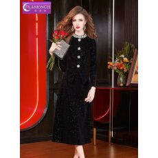 批发钉珠小香风金丝绒连衣裙女冬季轻熟名媛收腰亮片黑色中连衣<b class='q'>长裙</b>