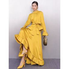 批发新款女套装宽松立领荷叶边上衣大摆<b class='q'>长裙</b>两件套时尚优雅复古