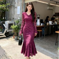 批发高级感法式轻奢名媛鱼尾长新款收腰显瘦蕾丝<b class='q'>连衣裙</b>女