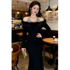 批发名媛千金重工水钻长袖针织衫女一字肩显瘦<b class='q'>连衣裙</b>