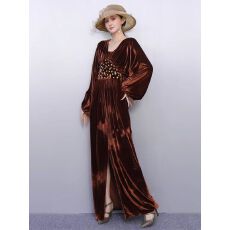 批发新款女丝绒<b class='q'>连衣裙</b>宽松V领重工钉钻开叉长裙时尚优雅气质