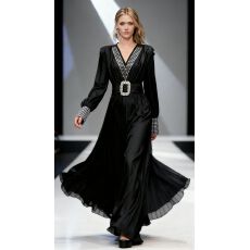 批发欧美名媛重工镶钻V领灯笼袖<b class='q'>连衣裙</b>女秋冬绑带收腰显瘦大摆礼服裙