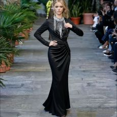 批发欧美秋<b class='q'>冬</b>宴会贵妇高级感修身收腰褶皱不规则气质纯色长裙连衣裙女