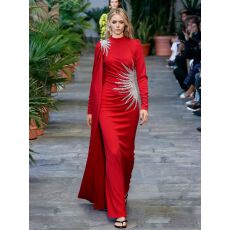 批发欧美ins外贸主持人优雅飘带长袖<b class='q'>连衣裙</b>女高级感重工镶钻收腰长裙