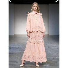 批发法式别致设计感钩花镂空蕾丝翻领长袖衬衫+高腰显瘦<b class='q'>半身裙</b>两件套