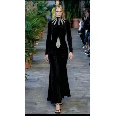 批发小众轻奢名媛<b class='q'>礼服</b>女<b class='q'>欧美</b>时尚重工镶钻褶皱收腰显瘦丝绒飘带连衣裙