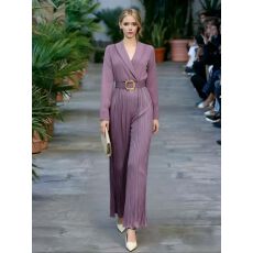 批发欧美长袖通勤气质袖<b class='q'>连体裤女</b>新款气质V领系带收腰长款压褶阔腿裤