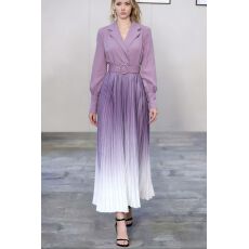 批发新款女七分袖<b class='q'>西装</b>领系带渐变色连衣裙气质显瘦百褶裙