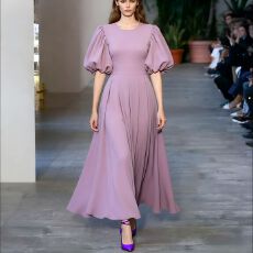 批发韩国<b class='q'>东大门</b> 纯色素雅灯笼袖褶皱裙摆收腰长款<b class='q'>连衣裙</b>