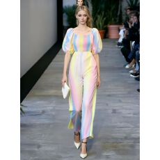 批发韩版彩虹渐变色连衣裤夏新款<b class='q'>雪纺</b>坠感阔腿裤气质收腰方领<b class='q'>连体裤</b>潮