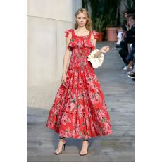 批发欧洲站复古度假<b class='q'>雪纺</b><b class='q'>吊带</b>无袖<b class='q'>雪纺</b>连衣裙长裙木耳花边玫瑰花裙