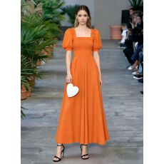 批发度假连衣裙女甜美木耳边泡泡袖收腰显瘦沙滩长裙