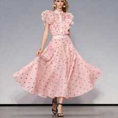 批发设计感荷叶边波点衬衫职业套装女夏季高腰a字<b class='q'>半身裙</b>两件套