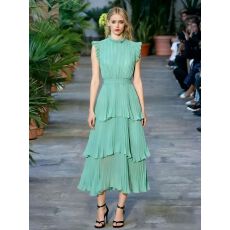 批发A褶皱外贸包肩重工木耳边抽褶系带腰带长款连衣裙立领<b class='q'>大码</b>女装