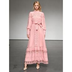 批发法式<b class='q'>宫廷</b>风复古蕾丝拼接立领长袖<b class='q'>连衣裙</b>女春秋单排扣收腰显瘦长裙