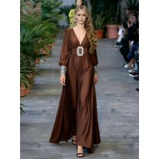 批发<b class='q'>欧美</b>名媛重工镶钻V领灯笼袖连衣裙女秋冬绑带收腰显瘦大摆<b class='q'>礼服</b>裙