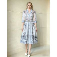 批发法式复古时髦西装领五分袖绑带收腰印花<b class='q'>连衣裙</b><b class='q'>女</b>夏显瘦单排扣短裙