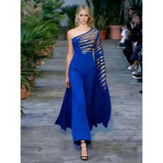 批发<b class='q'>欧美</b>小众轻奢名媛重工烫钻飘带长袖斜肩高腰显瘦气质<b class='q'>礼服</b>连体长裤