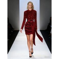 批发<b class='q'>欧美</b>时尚名媛高级感绑带收腰亮片闪闪丝绒连衣裙女红色包臀<b class='q'>礼服</b>裙