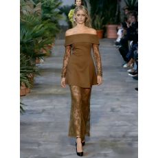 批发<b class='q'>欧美</b>性感露肩一字领黑色蕾丝拼接收腰显瘦透视长袖蕾丝裙晚宴<b class='q'>礼服</b>