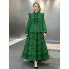 批发法式名媛高级感镂空刺绣灯笼袖衬衫高腰荷叶边拼接<b class='q'>半身裙</b>两件套装