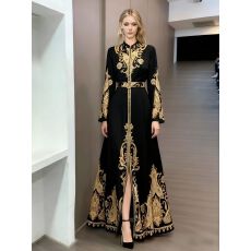 批发新款<b class='q'>宫廷</b>风立领灯笼袖波浪边长款复古印花时尚高端<b class='q'>连衣裙</b>