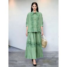 批发两件套装女宫廷风复古镂空蕾丝拼接长袖衬衫+高腰大摆<b class='q'>半身裙</b>