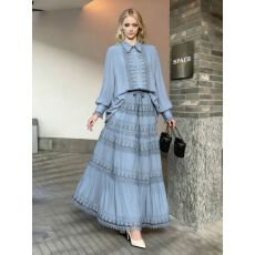 批发温柔风重工蕾丝拼接翻领灯笼袖衬衫+高腰显瘦<b class='q'>半身裙</b>两件套装