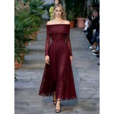 批发复古喇叭袖一字领<b class='q'>披肩</b>小众设计感连衣裙女<b class='q'>蕾丝</b>提花长裙