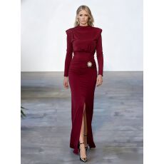 批发<b class='q'>欧美</b>轻奢重工半高领连衣裙女高级感褶皱收腰优雅<b class='q'>礼服</b>