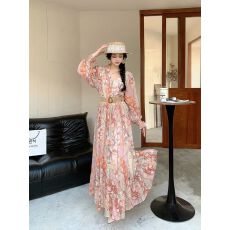 批发度假风V领印花<b class='q'>连衣裙</b>女长袖收腰显瘦长裙大摆裙